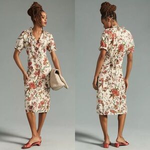 Pilcro by Anthropologie Floral Dress Beige Multi Ruffle Collar Button Lined